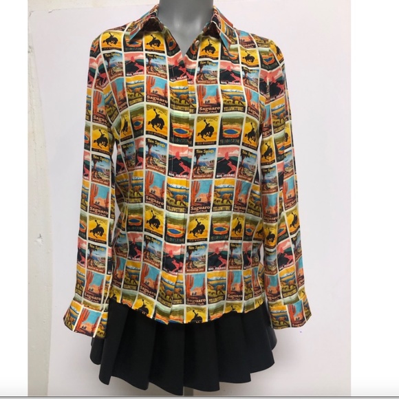 Alice + Olivia Western Postcard with Tag Print Silk Shirt Button-down Top - Picture 4 of 15